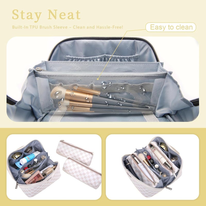 BOYATU Travel Makeup Bag Organizer Cosmetic Bag: 3 Pcs Set Make up Bags for Women with Handle - Waterproof Vegan Leather Toiletry Bags Travel Essentials Pouch with Compartments (H-04-Orange) - Image 3